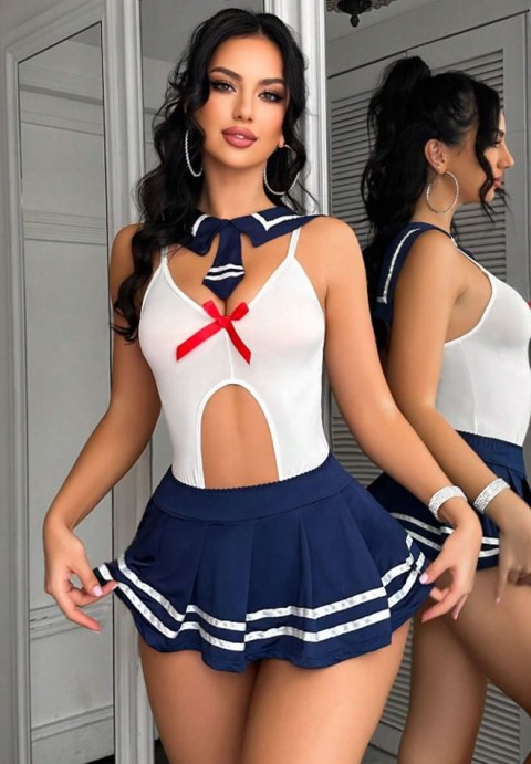Sailor Babydoll with Red Bow & Striped Navy Skirt