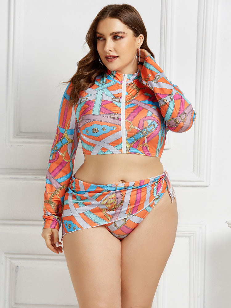 Plus Size Orange Print Zip Front 3-Piece Tankini