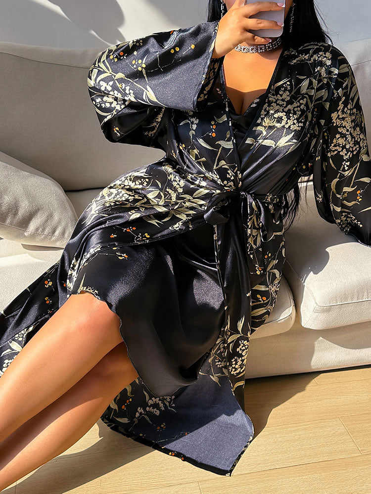 Plus Size Black Satin Slip & Floral Robe Set
