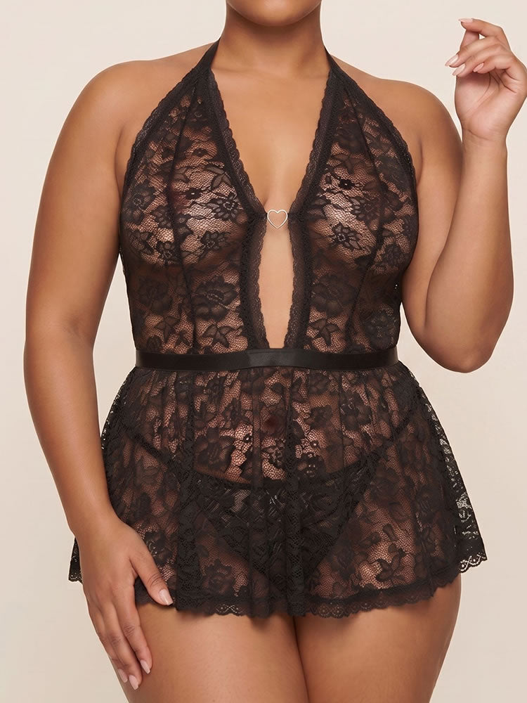 Plus Size Black Halter Lace Babydoll with Heart Ring
