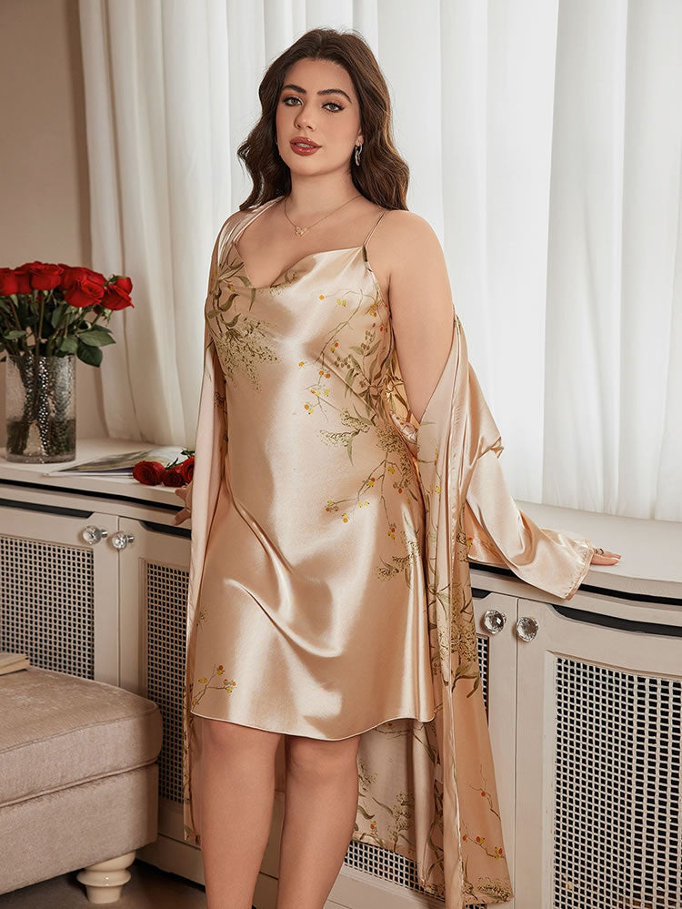 Plus Size Champagne Satin Slip & Botanical Robe Set