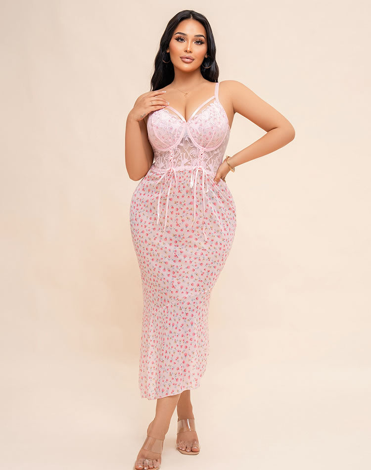 Romantic Pink Floral Slip Dress with Lace Bodice