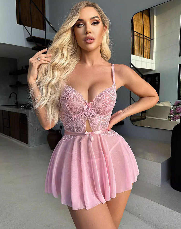 Pink Lace Chemise with Bow Detail