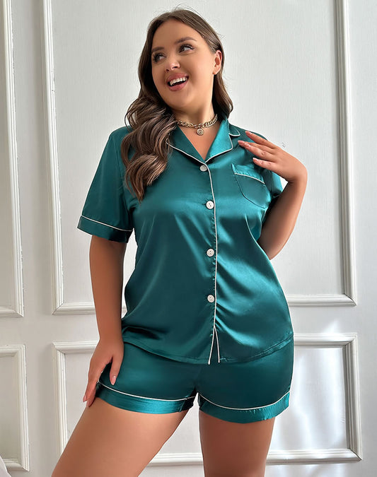 Plus Size Teal Satin Button-Down Pajama Set