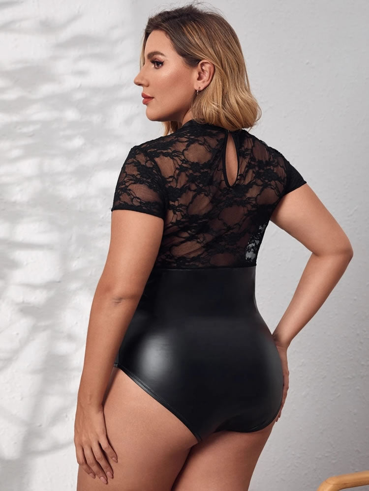 Plus Size Black Lace & Faux Leather Bodysuit