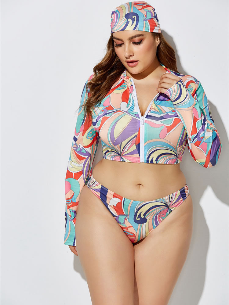 Plus Size Purple Print Zip Front 3-Piece Tankini