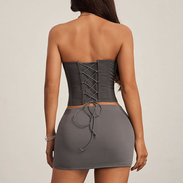 Strapless Corset Top with Chain Detail & Lace-Up Back