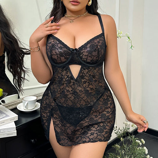Plus Size Black Lace Chemise with Cutout Detail