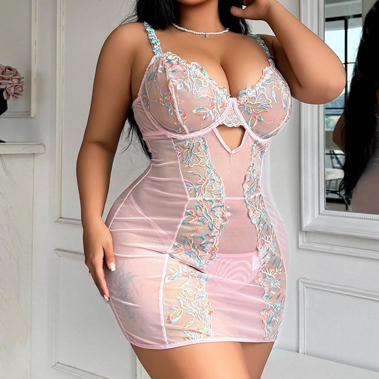 Plus Size Pink Sheer Chemise with Floral Embroidery
