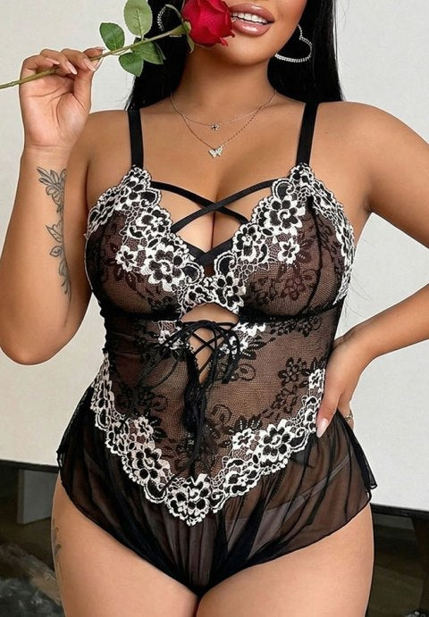 Plus size sheer black teddy with white lace trim