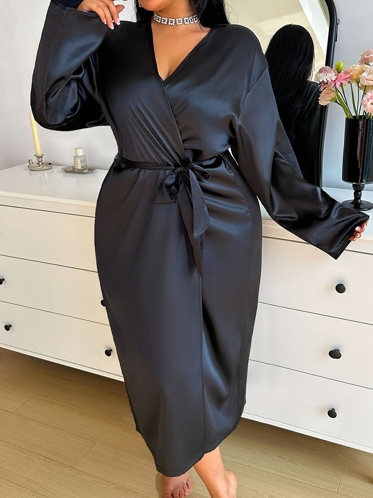 Plus Size Black Satin Kimono Robe