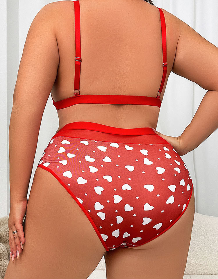 Plus Size Red Heart Print Bra & High-Waist Panty Set