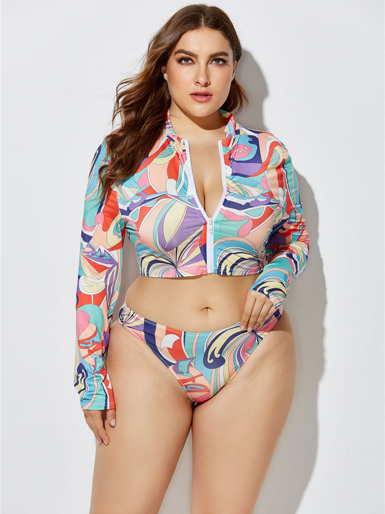 Plus Size Purple Print Zip Front 3-Piece Tankini
