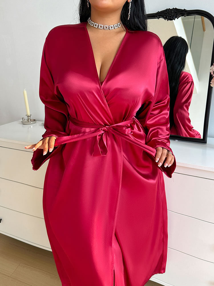 Plus Size Red Satin Long Sleeve Robe