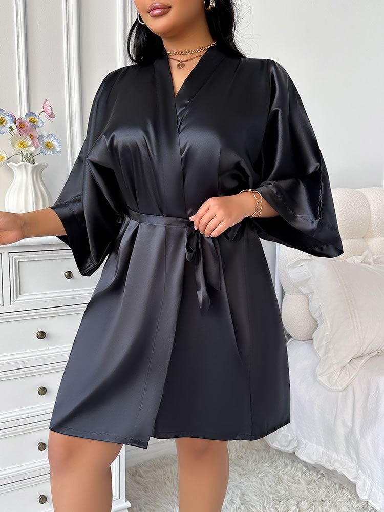 Plus Size Black Satin Wide Sleeve Kimono Robe