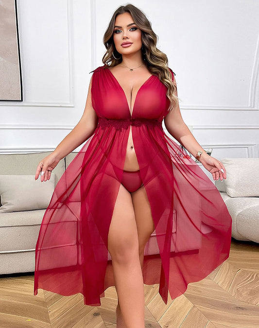 Plus Size Red V-Neck See-Through Nightgown