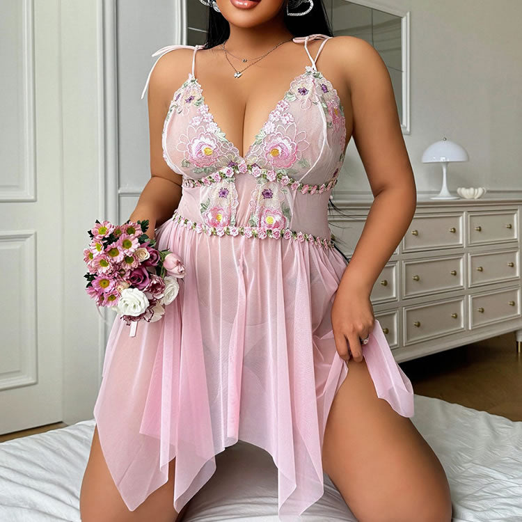 Plus Size Pink Floral Embroidered Nightgown with Tie Straps