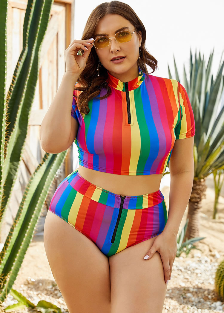 Plus Size Tonal Stripe High Waist Bikini Set
