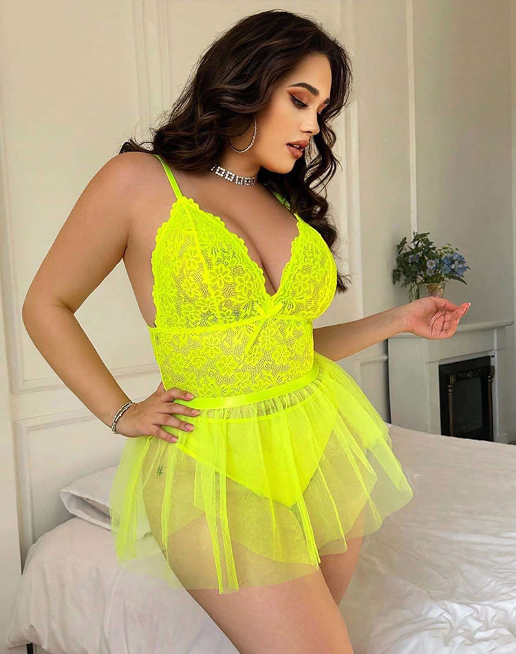 Plus Size Neon Yellow Lace Babydoll with Tulle Skirt