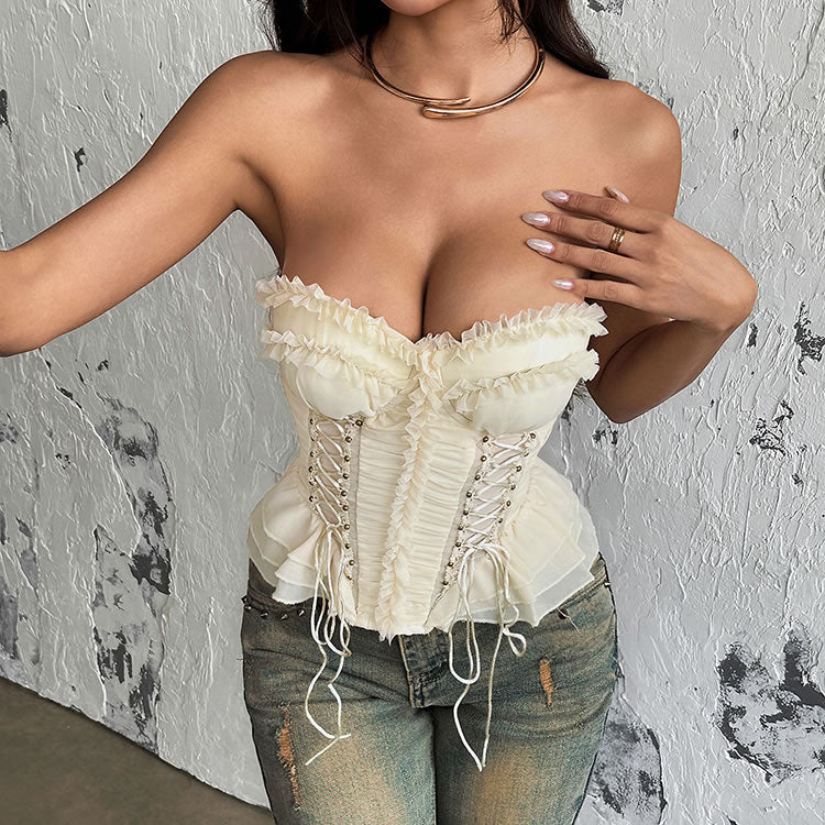 Cream Ruffled Strapless Corset with Lace-Up Panels