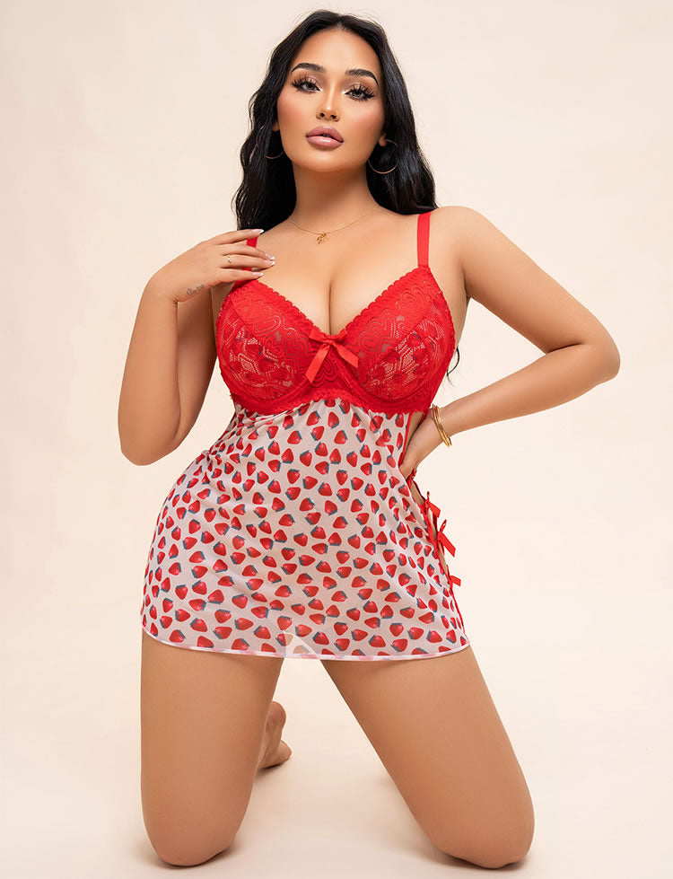 Plus Size Strawberry Print Lace Chemise