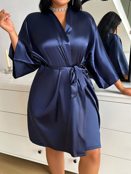 Plus Size Navy Blue Satin Kimono Robe