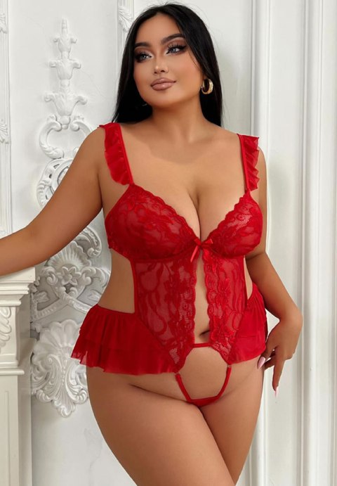 Plus Size Red Lace Teddy with Ruffled Straps & Open Back