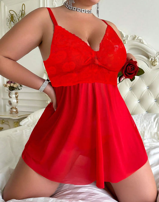 Plus Size Red Lace Babydoll Set with Satin Bows