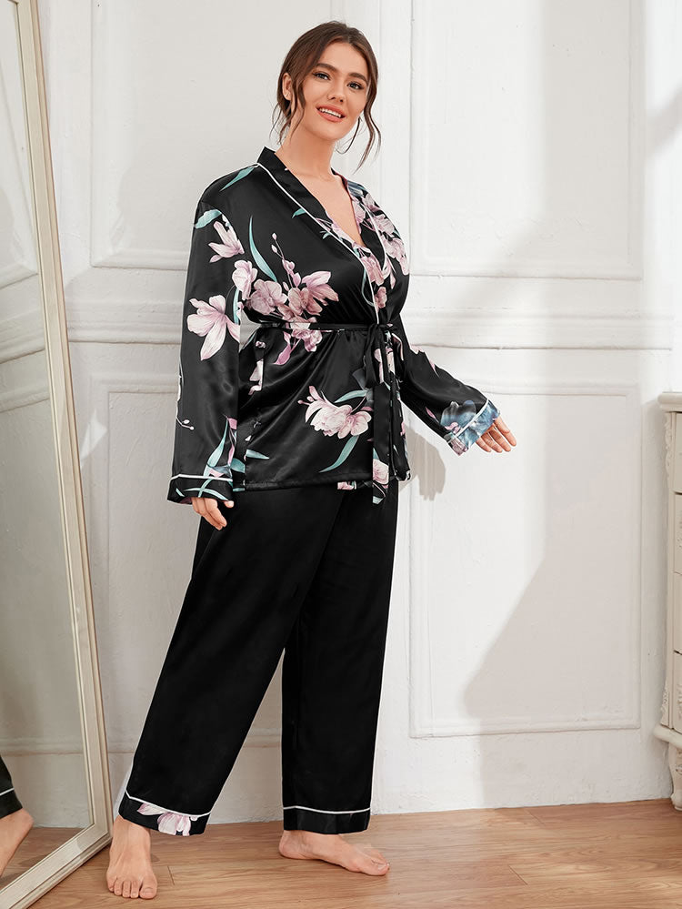 Plus Size Black Pajama Set with Floral Wrap Top