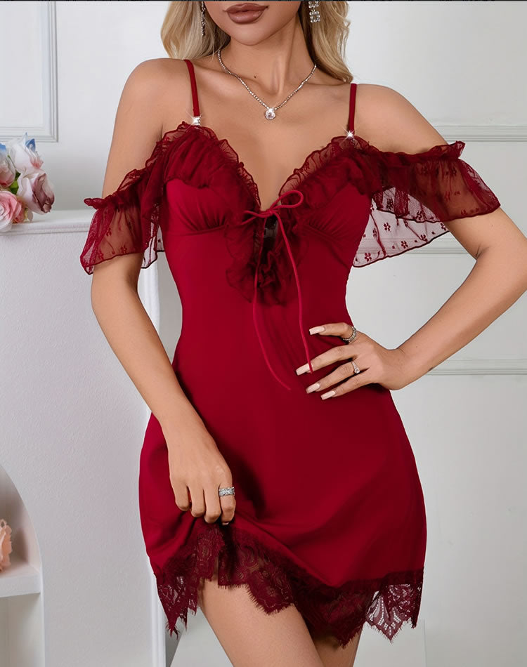 Burgundy Off-Shoulder Ruffle Sleeve Lingerie Dress