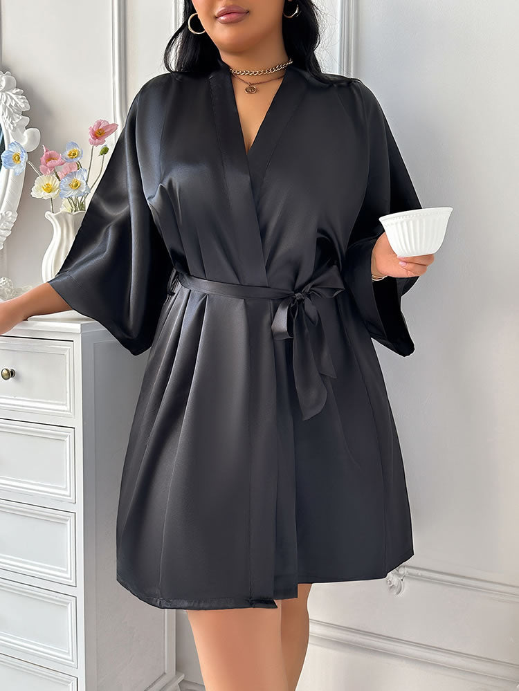 Plus Size Black Satin Wide Sleeve Kimono Robe