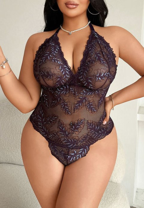 Plus size purple deep-V halter bodysuit with leaf embroidery