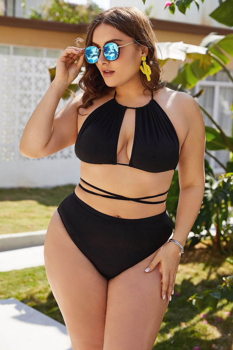 Plus Size Black Halter Strappy Bikini Set