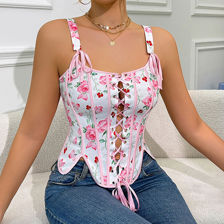 Pink Rose Print Lace-Up Corset Top with Bow Straps