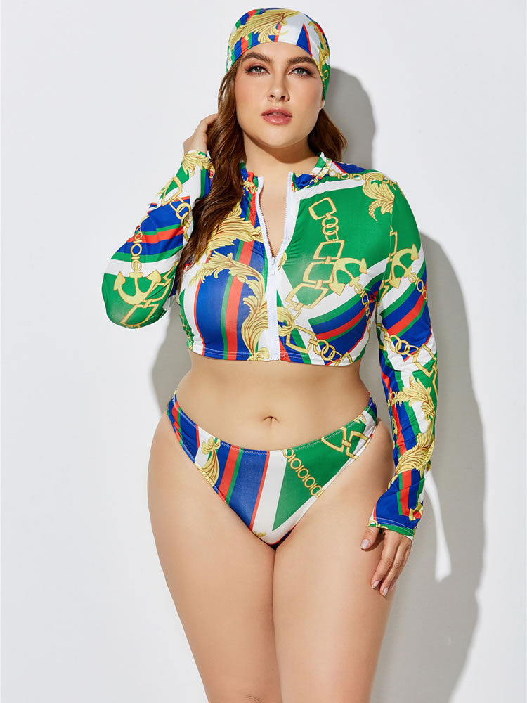 Plus Size Green Print Long Sleeve 3-Piece Swimsuit