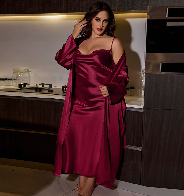 Plus Size Burgundy Satin Robe & Slip Set