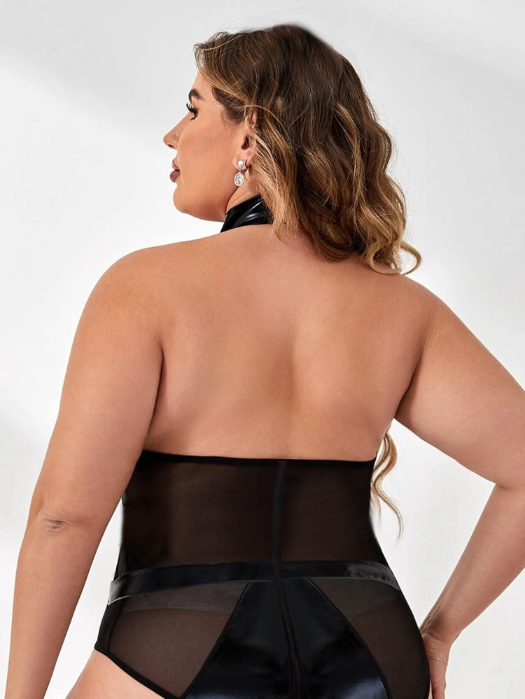 Plus Size Black Wet-Look & Mesh Teddy with Chain