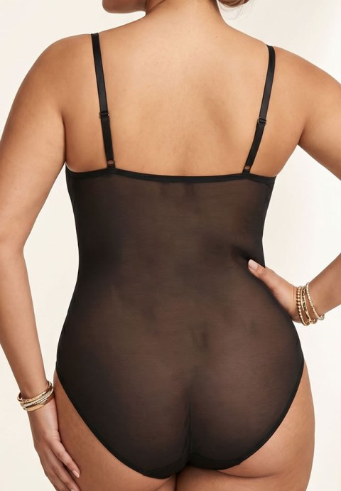 Plus Size Black Floral Lace Bodysuit with Sheer Mesh Panels