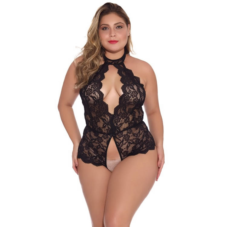 Plus Size Lace Halter Teddy with Back Keyhole