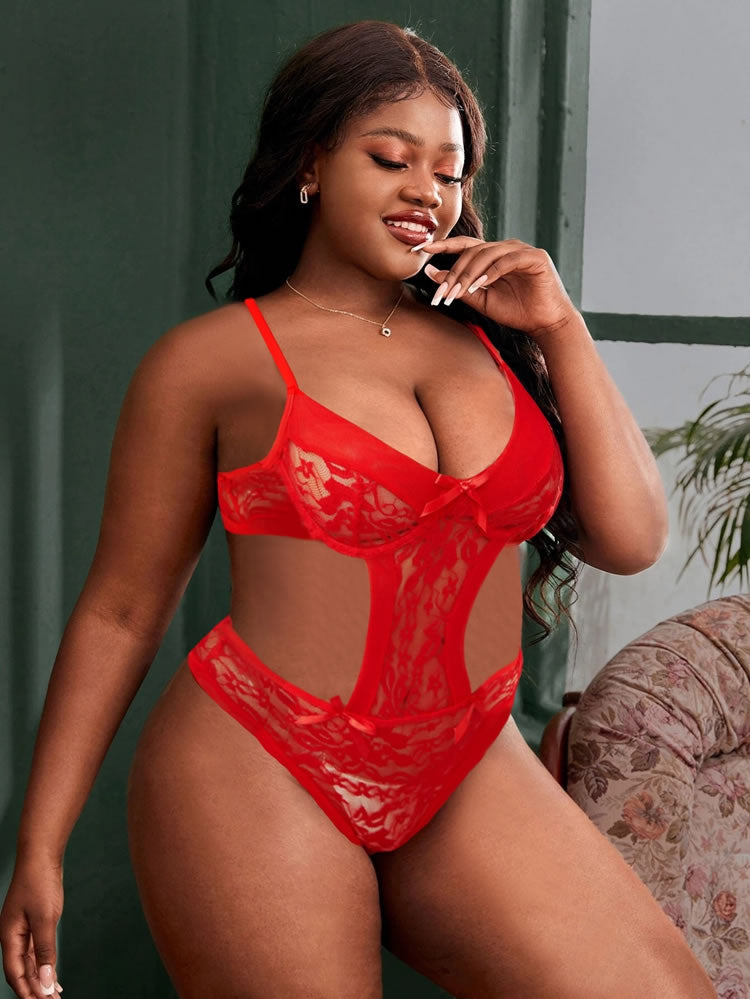 Plus Size Red Lace Teddy with Lace-Up Back