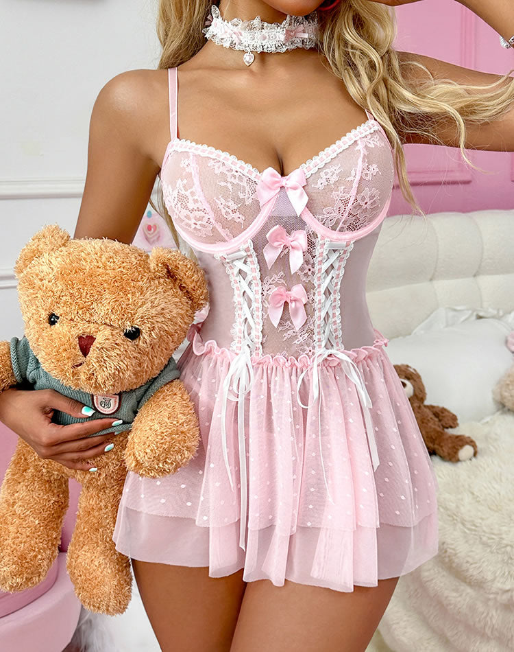 Pink Lace Corset Babydoll with Polka Dot Tulle