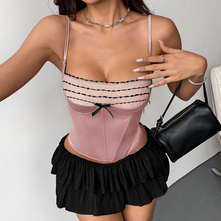 Corset Bustier with Black Lace Bands & Bow