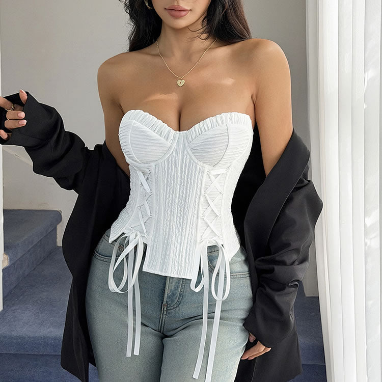 White Textured Strapless Corset Top with Lace-Up Back
