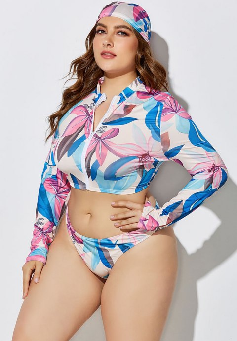 Plus Size Blue & Pink Print Long Sleeve 3-Piece Swimsuit