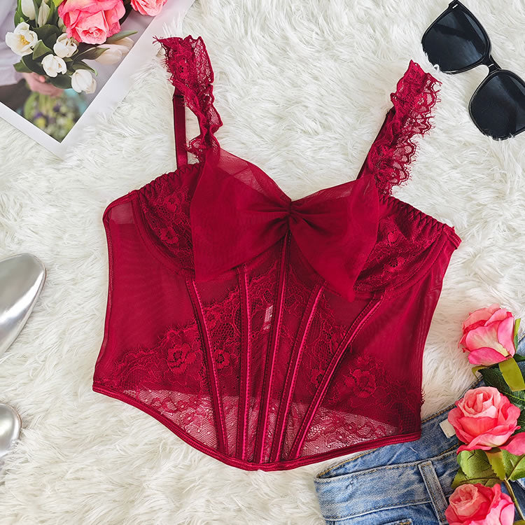 Sheer Lace Corset with Satin Bow and Ruffled Straps