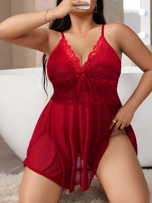 Plus Size Burgundy Deep V Lace Bustier Chemise