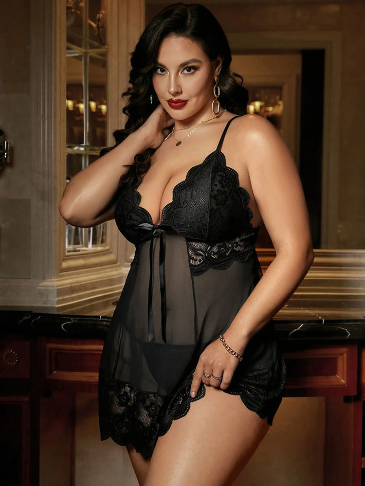 Completo babydoll in pizzo nero taglie forti con fiocchi in raso