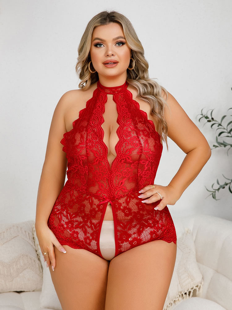 Plus Size Burgundy Dramatic Lace Teddy