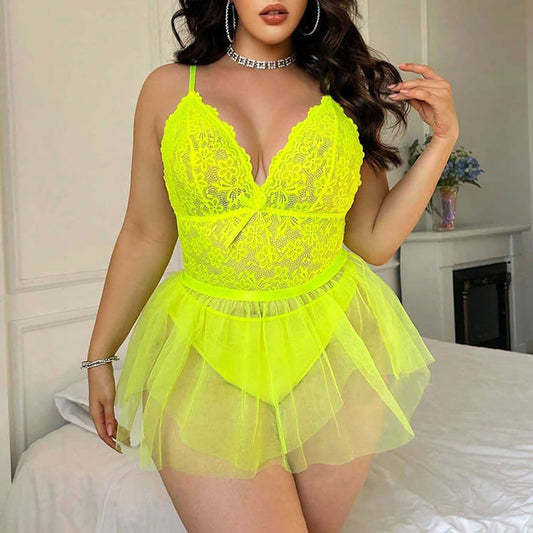 Plus Size Neon Yellow Lace Babydoll with Tulle Skirt