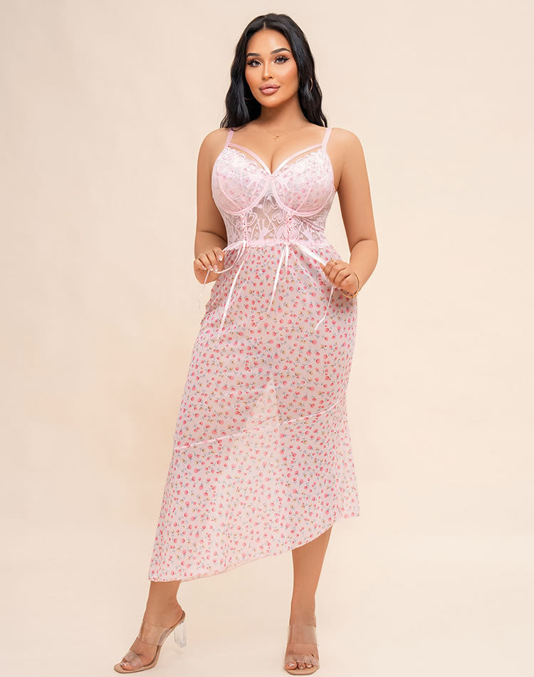 Romantic Pink Floral Slip Dress with Lace Bodice